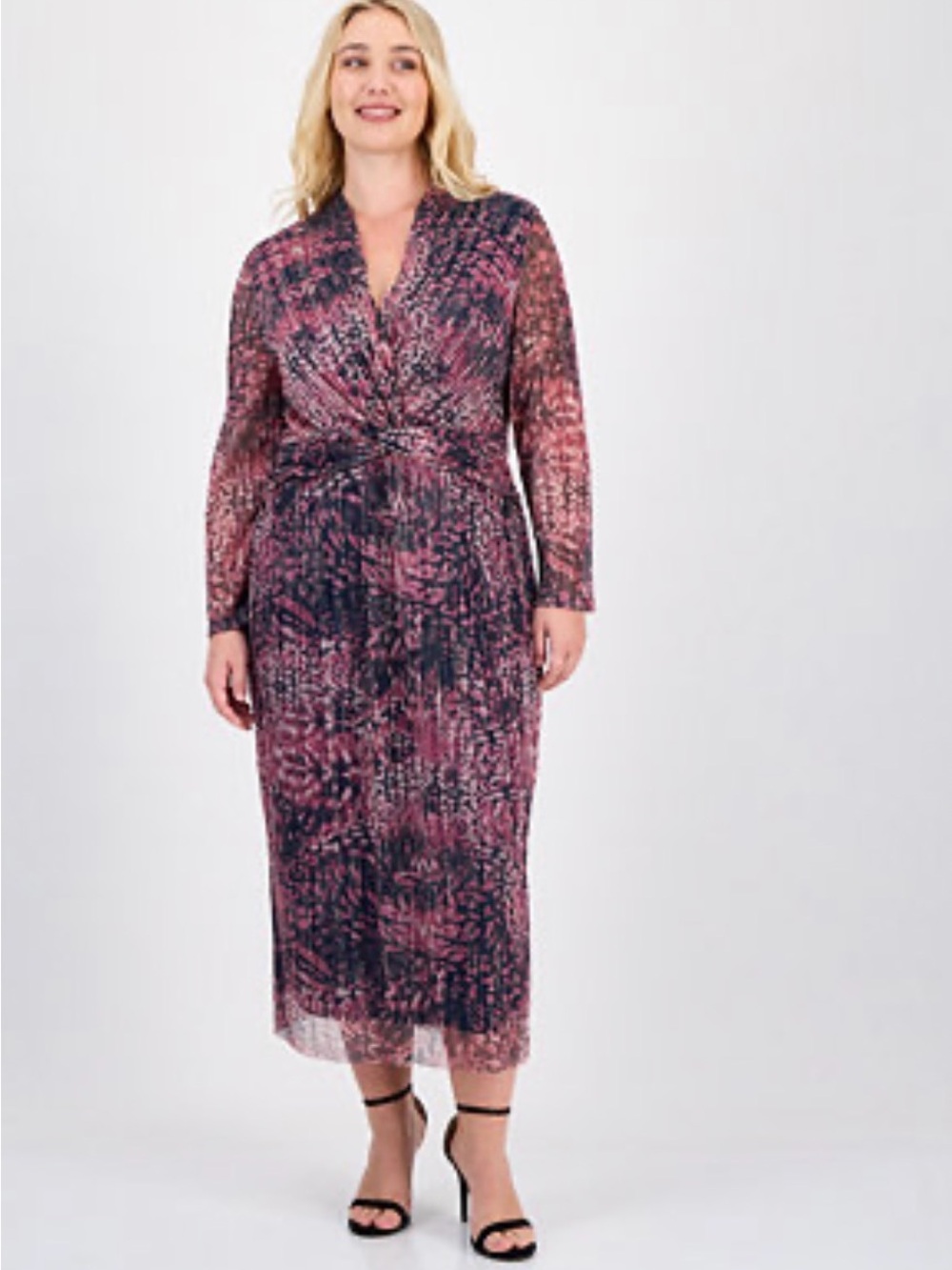 Anne Klein NWT Size 16 Pink Black Metallic Pleated Midi Dress Long Sleeve $149